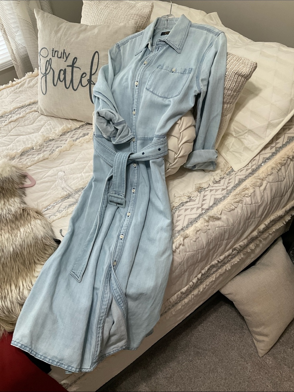 Light Blue Denim Shirt Jumpsuit with Belt